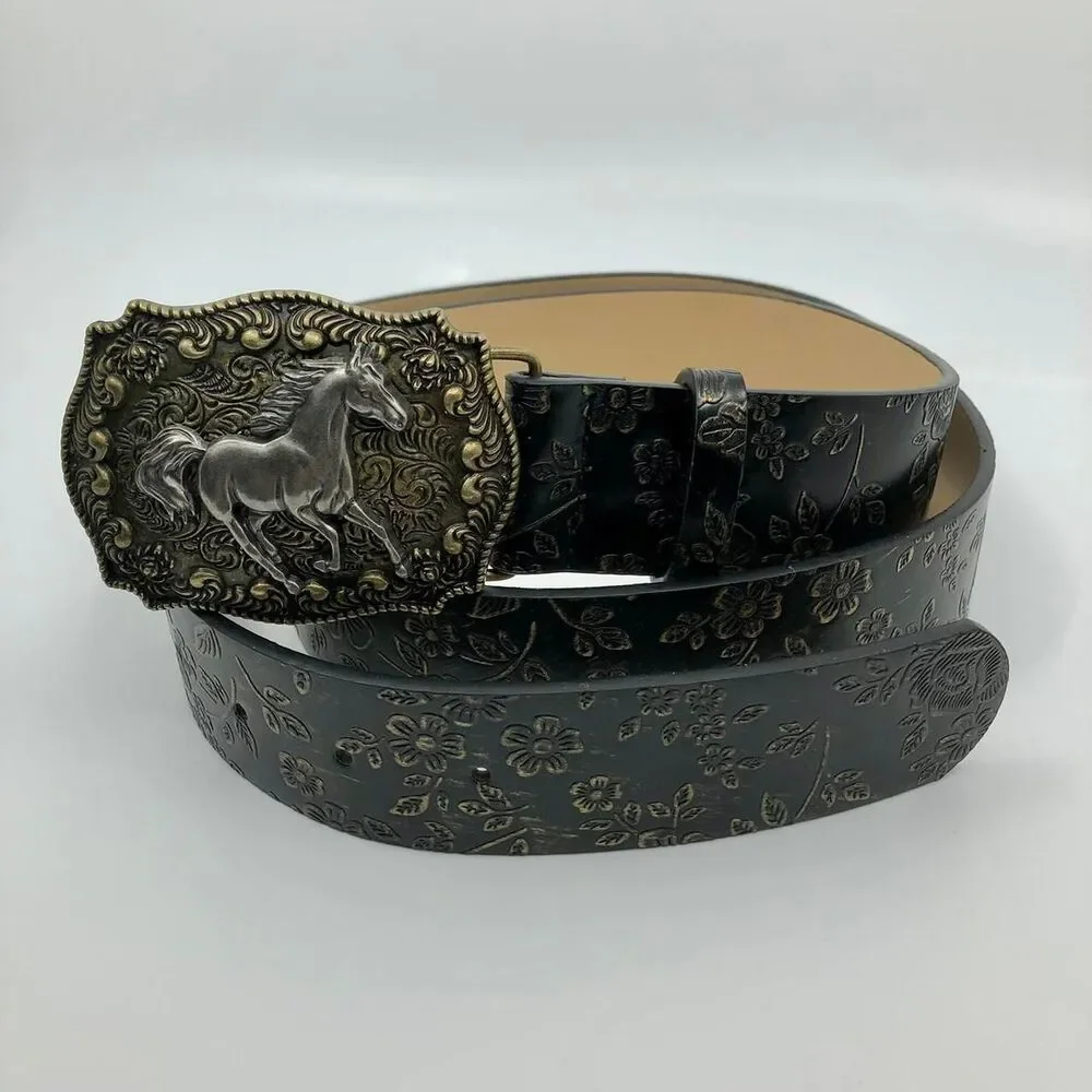 Women's Black Faux Leather Western Belt w/ Horse Buckle, 36.5-45.5 in, X7G9A966